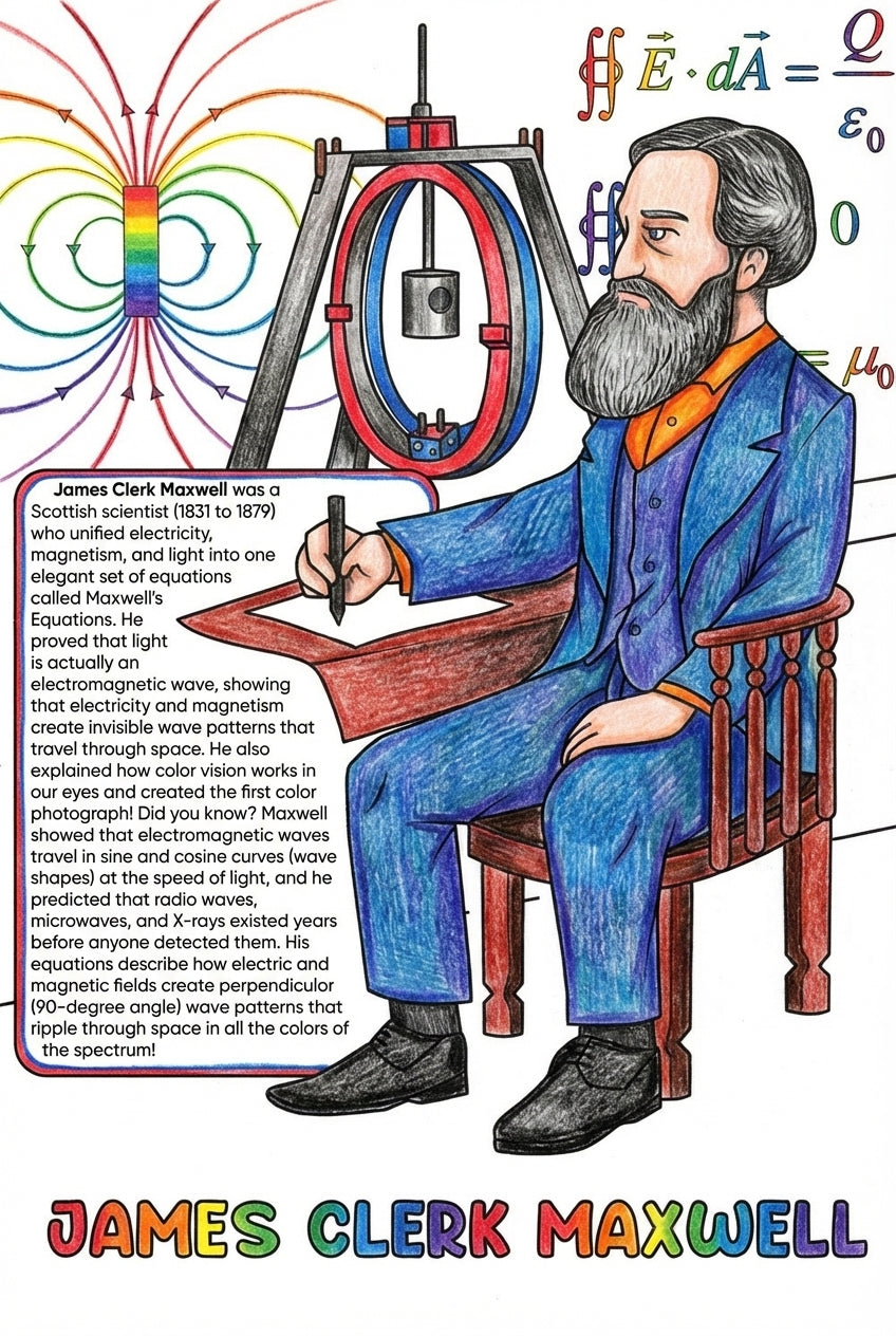 Illustrated portrait colouring page from the Light, Colour and Physics Masters book