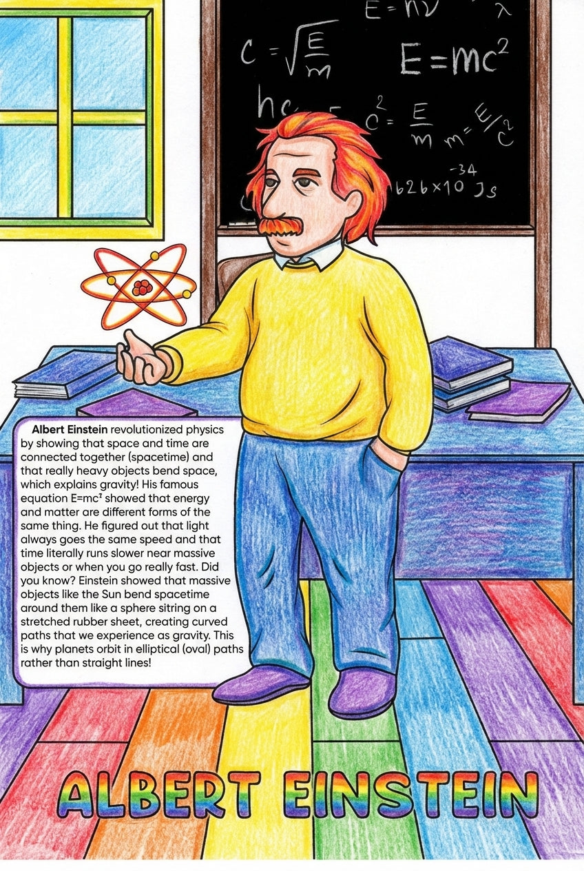 Colouring page illustration of a physics pioneer, Brilliant Minds series