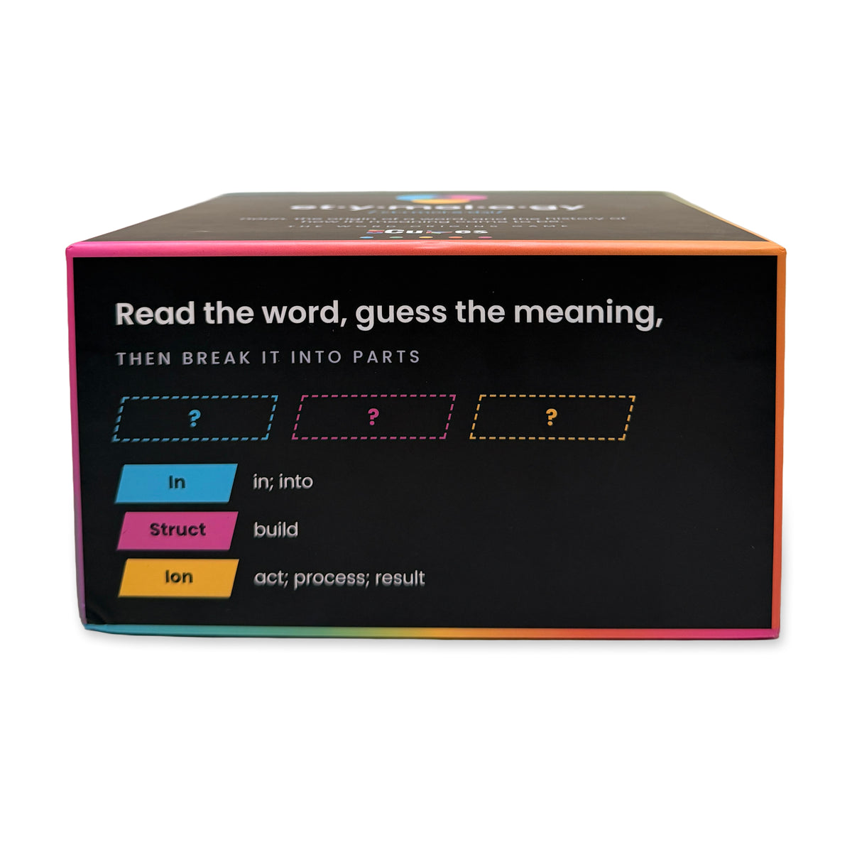 Box side showing how to play: read the word, guess the meaning, then break it into parts, with in, struct and ion as an example
