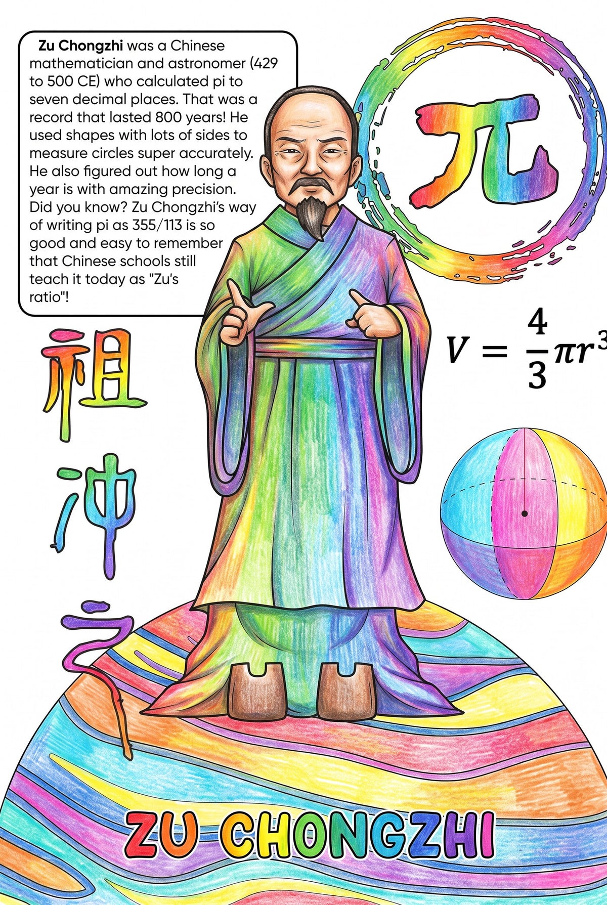Zu Chongzhi colouring page from the Brilliant Minds Ancient Chinese Mathematicians book, shown coloured in