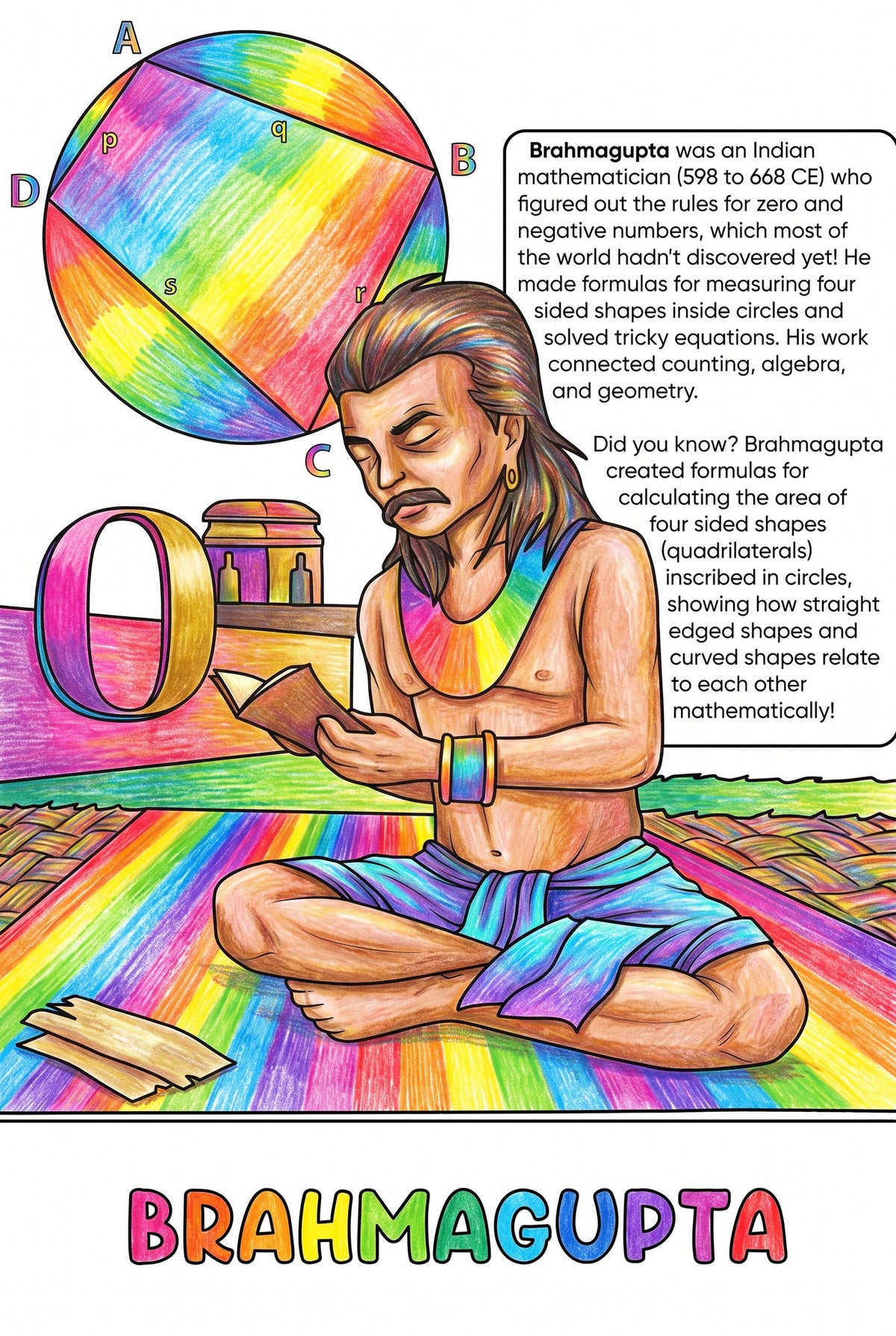 Brahmagupta colouring page from the Brilliant Minds Ancient Indian Scholars book, shown coloured in