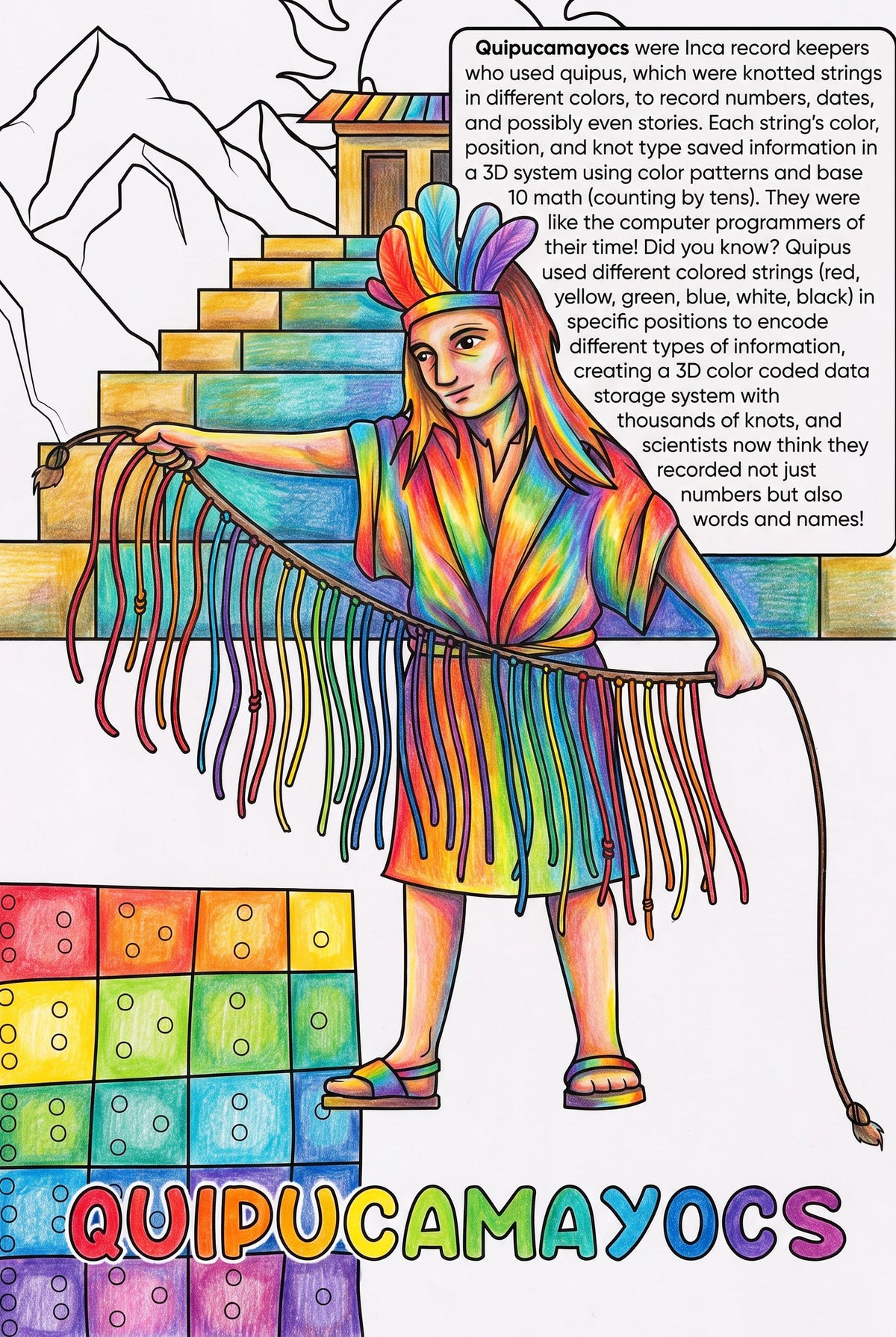 Quipucamayocs colouring page from the Brilliant Minds Ancient Americas Engineers book, shown coloured in