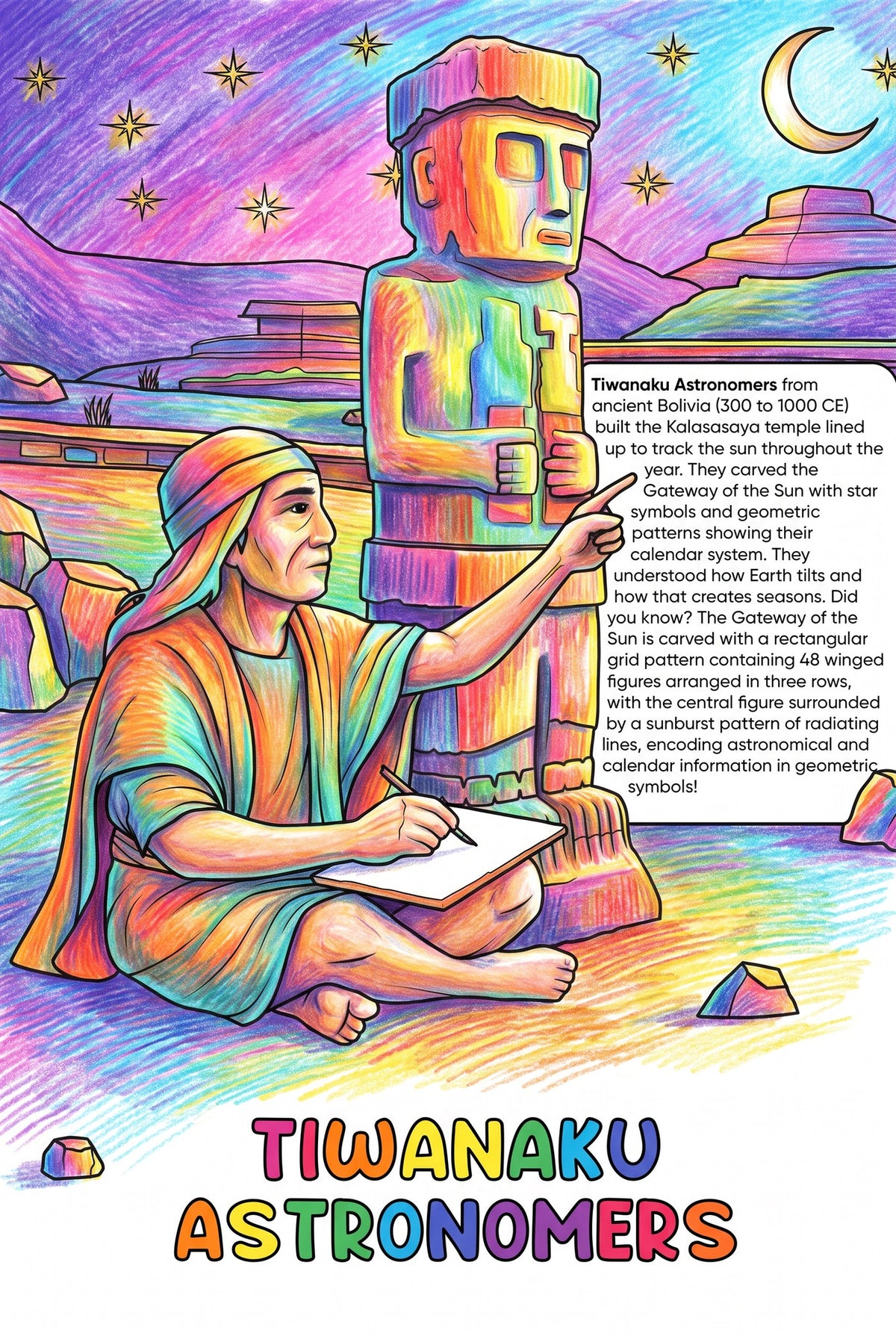 Tiwanaku Astronomers colouring page from the Brilliant Minds Ancient Americas Engineers book, shown coloured in
