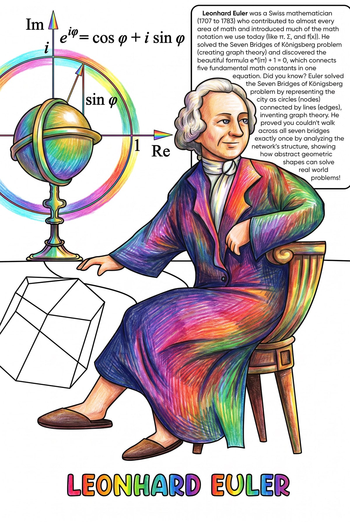 Leonhard Euler colouring page from the Brilliant Minds Modern Mathematical Pioneers book, shown coloured in