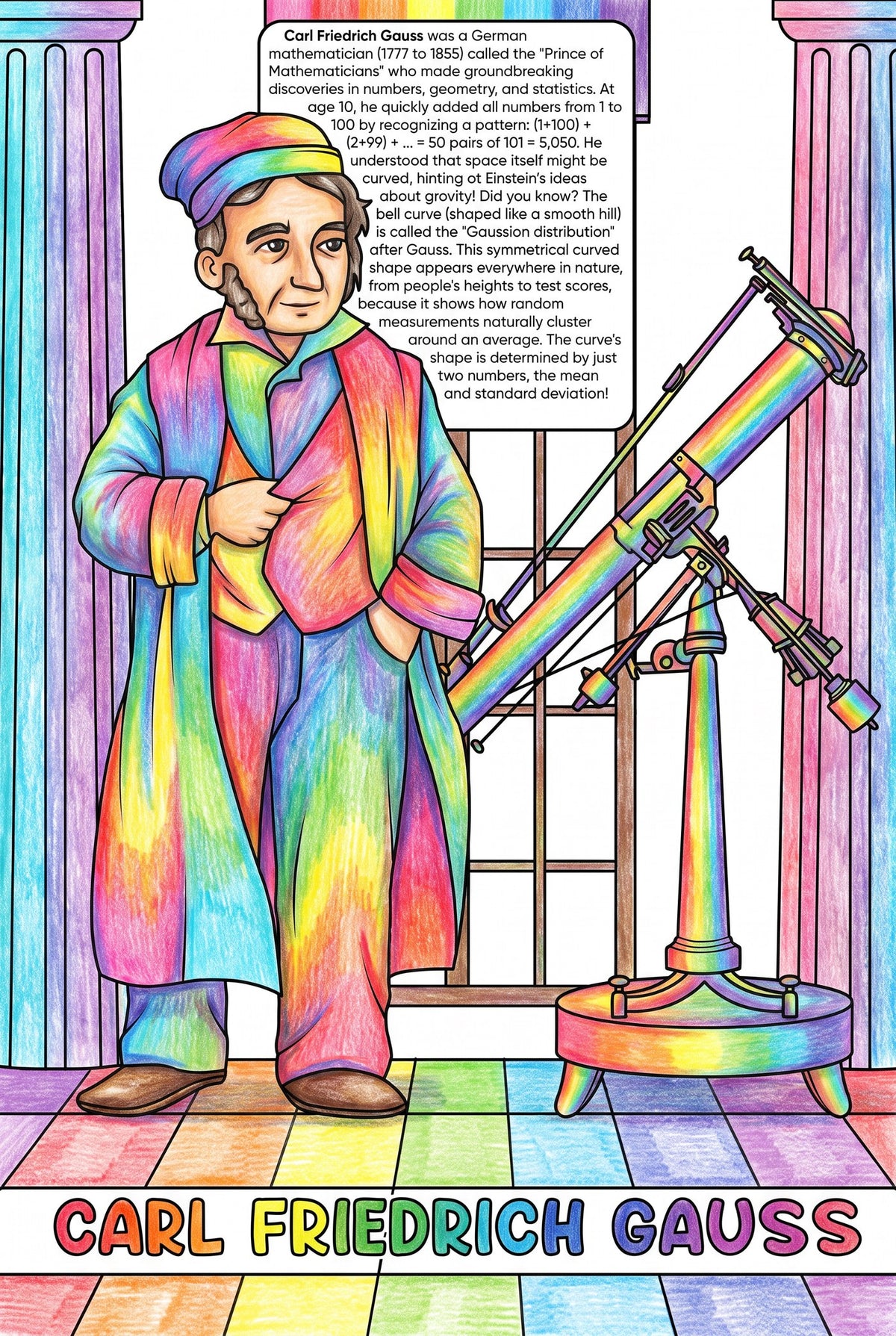Carl Friedrich Gauss colouring page from the Brilliant Minds Modern Mathematical Pioneers book, shown coloured in