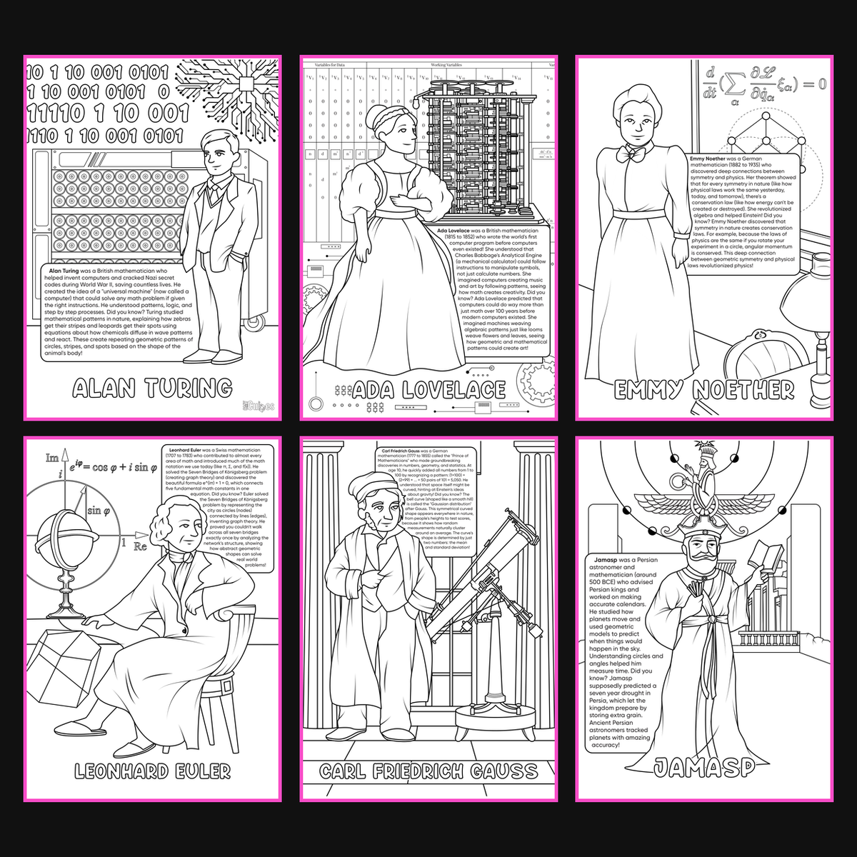 Brilliant Minds Colouring In Series cover: Modern Mathematical Pioneers, all six printable A4 pages