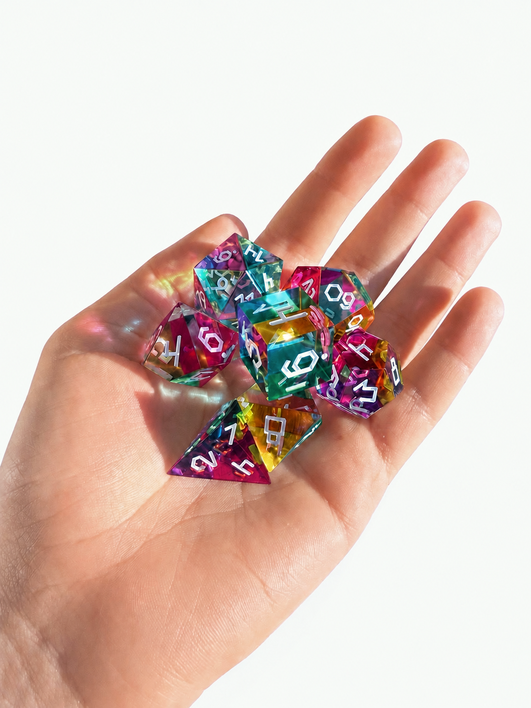 The Septem Aleae dice set displayed with its box and pouch