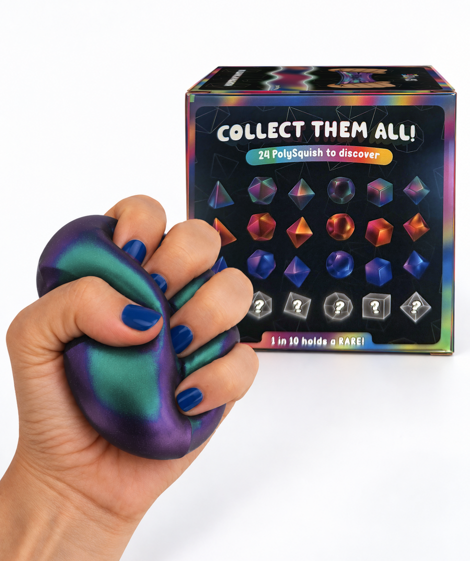 PolySquish Discovery Series 2 box showing all 24 collectible shapes, held with a marbled purple and teal squishy toy